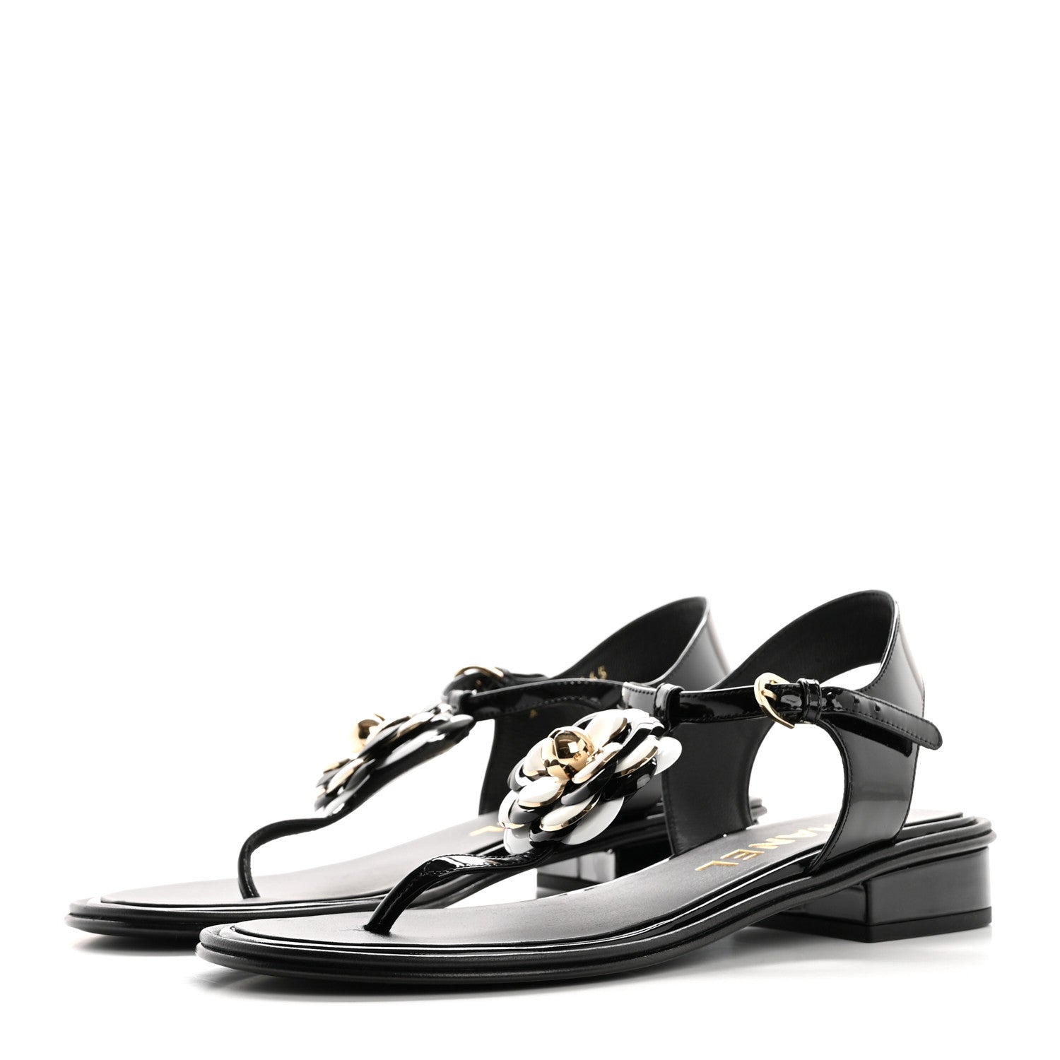 Chanel Patent Calfskin Camellia Thong Sandals 38 Black White 4 of 10