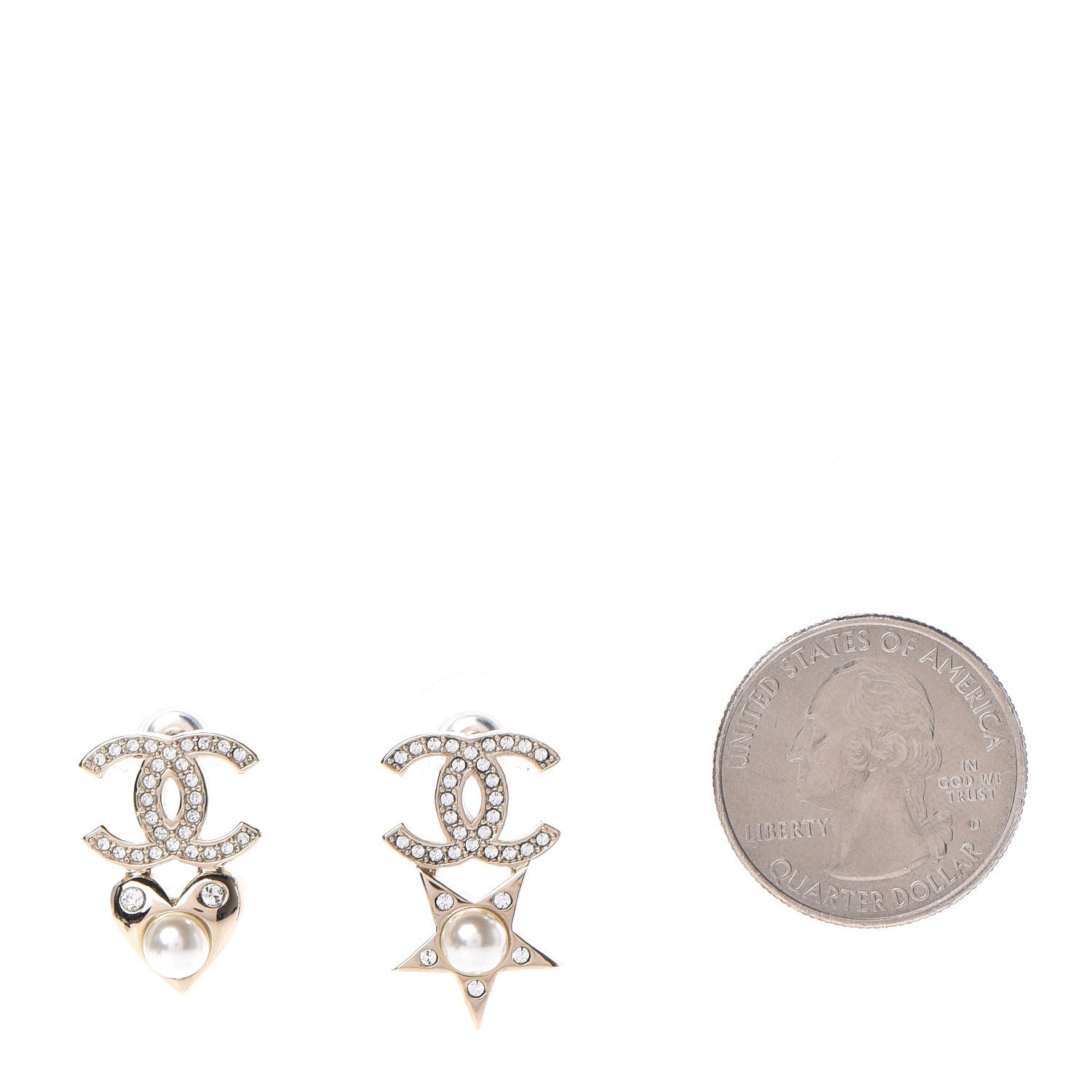 Chanel Crystal Pearl Charming Winter CC Star Heart Earrings Gold 2 of 6