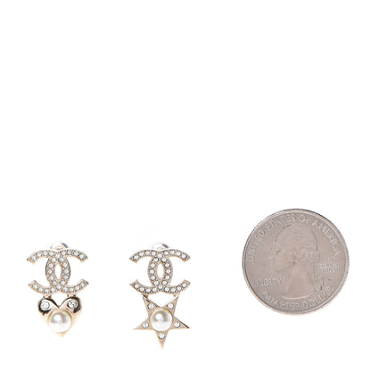 Chanel Crystal Pearl Charming Winter CC Star Heart Earrings Gold 2 of 6