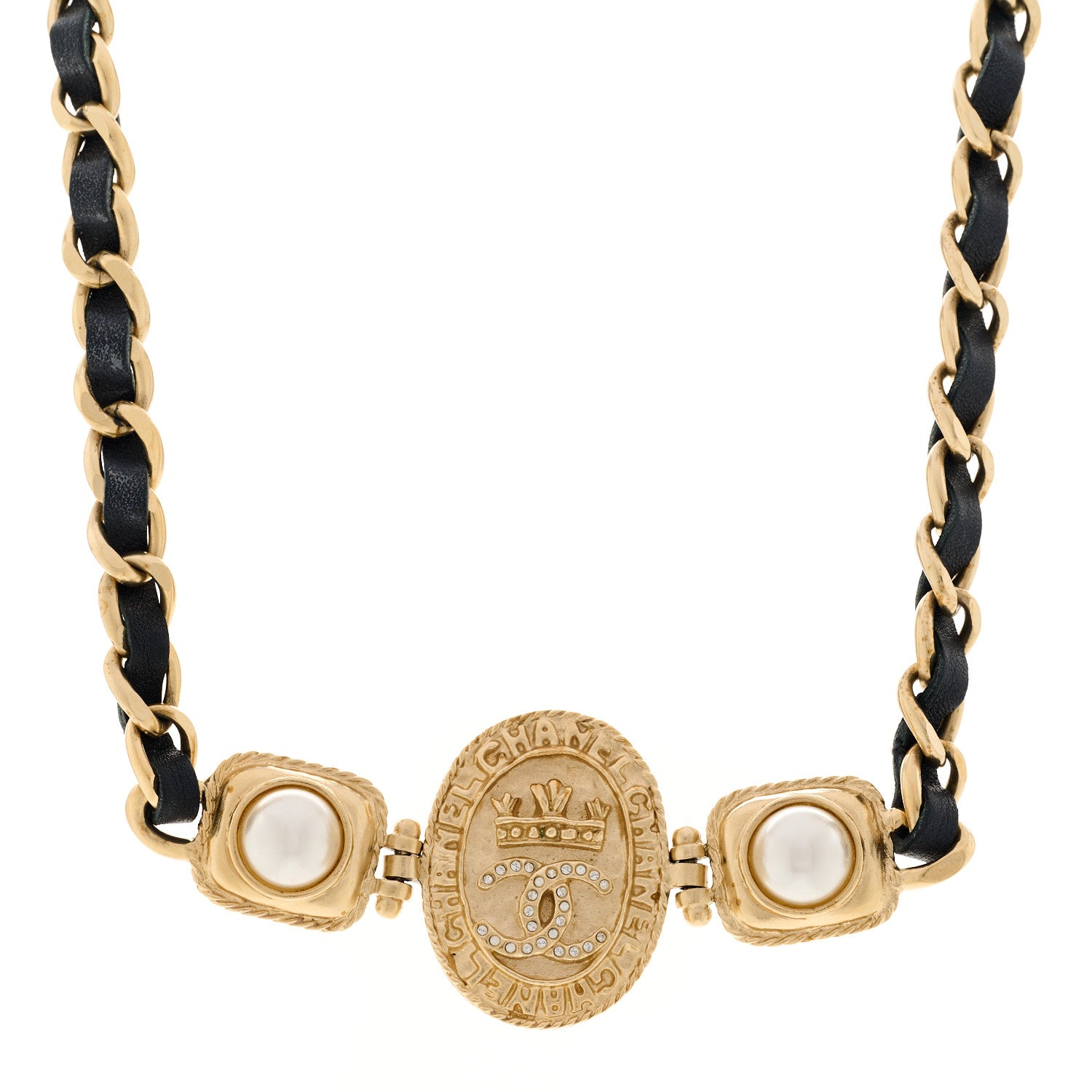 Chanel Lambskin Pearl CC Oval Shield Choker Necklace Gold Black 1 of 5