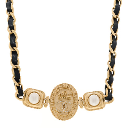 Chanel Lambskin Pearl CC Oval Shield Choker Necklace Gold Black 1 of 5