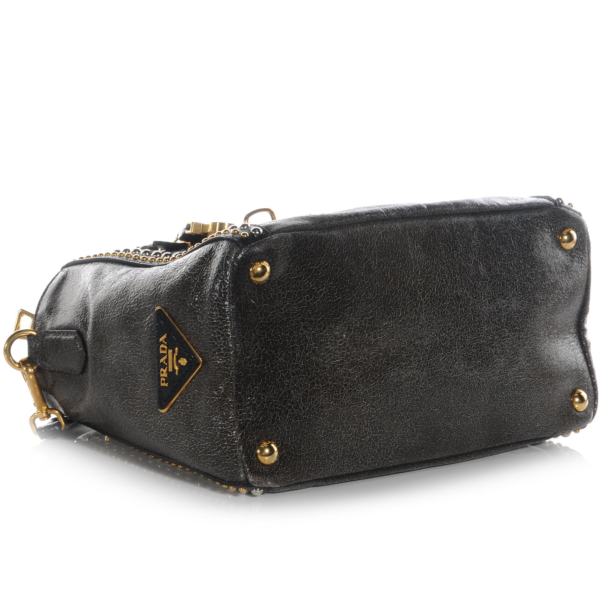 Prada Crackled Calfskin Studded Tote Black 4 of 8