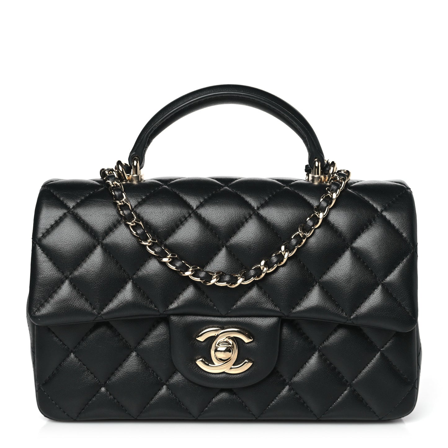 Lambskin Quilted Mini Top Handle Rectangular Flap Black