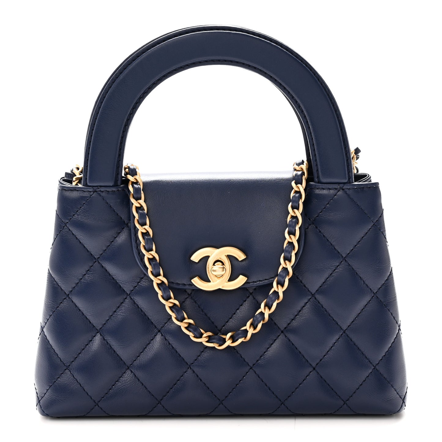 Shiny Aged Calfskin Quilted Nano Kelly Shopper Dark Blue
