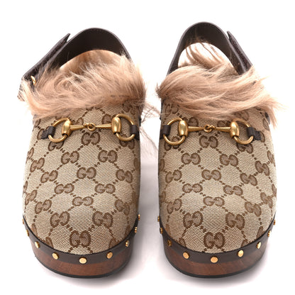 Gucci Monogram Calfskin Fur Horsebit Amstel Slingback Clogs 41 Beige Ebony New Acero Naturale 2 of 8