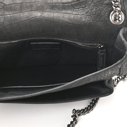 Saint Laurent Nubuck Crocodile Embossed Monogram Medium Niki Chain Satchel Black 5 of 9