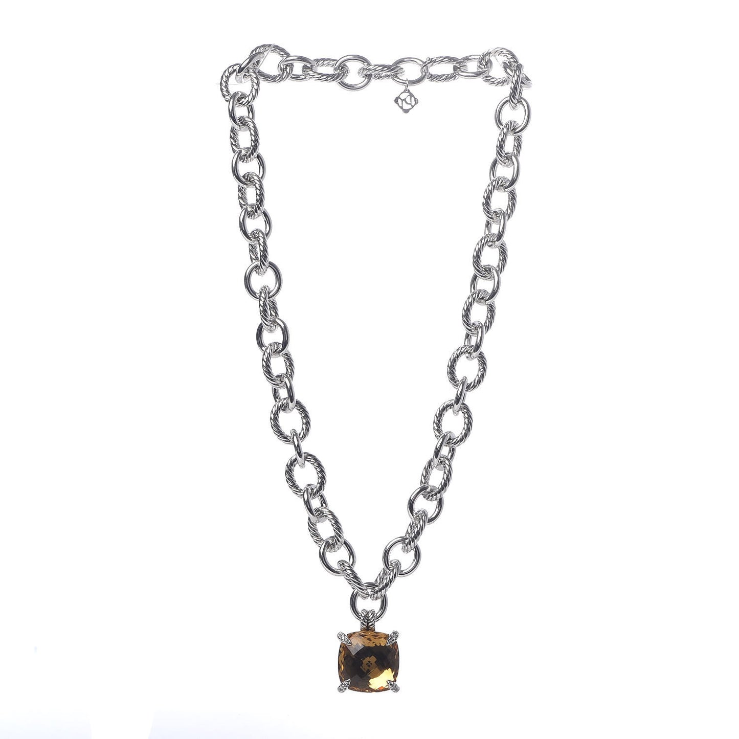 Sterling Silver Diamond Champagne Citrine 20mm Oval Chain Chatelaine Pendant Necklace