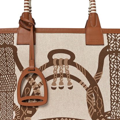 Hermes H Plume Canvas Swift Printed Fantaisie d'Etriers Steeple 28 Bag Fauve Ecru Beige Gold 6 of 9