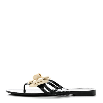 Chanel Jelly Camellia Thong Sandals 40 Black Ivory 1 of 8