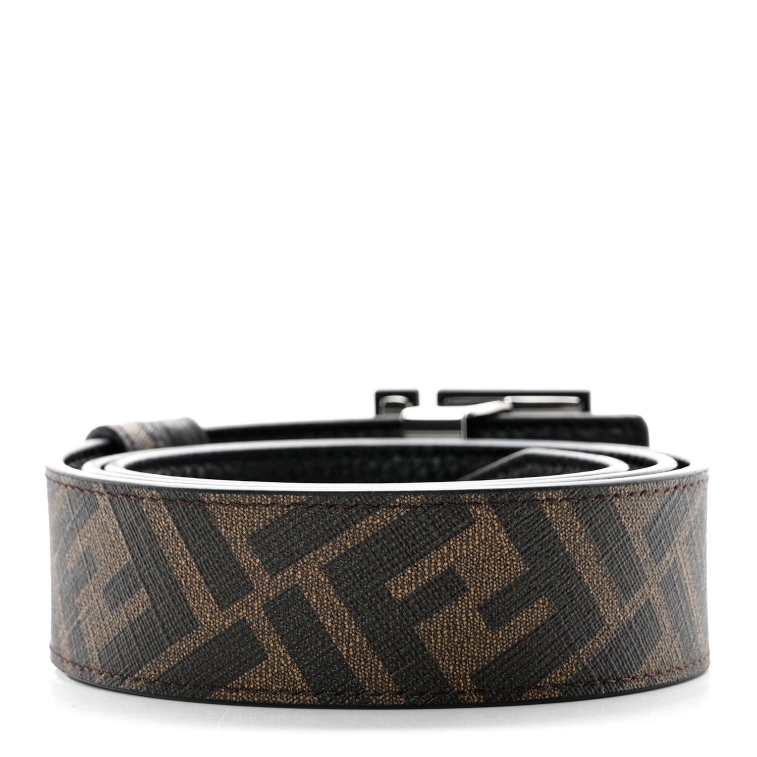 Fendi Cuoio Romano Glazed Fabric Enamel FF 1974 Reversible Belt 85 34 Black Tobacco 2 of 9