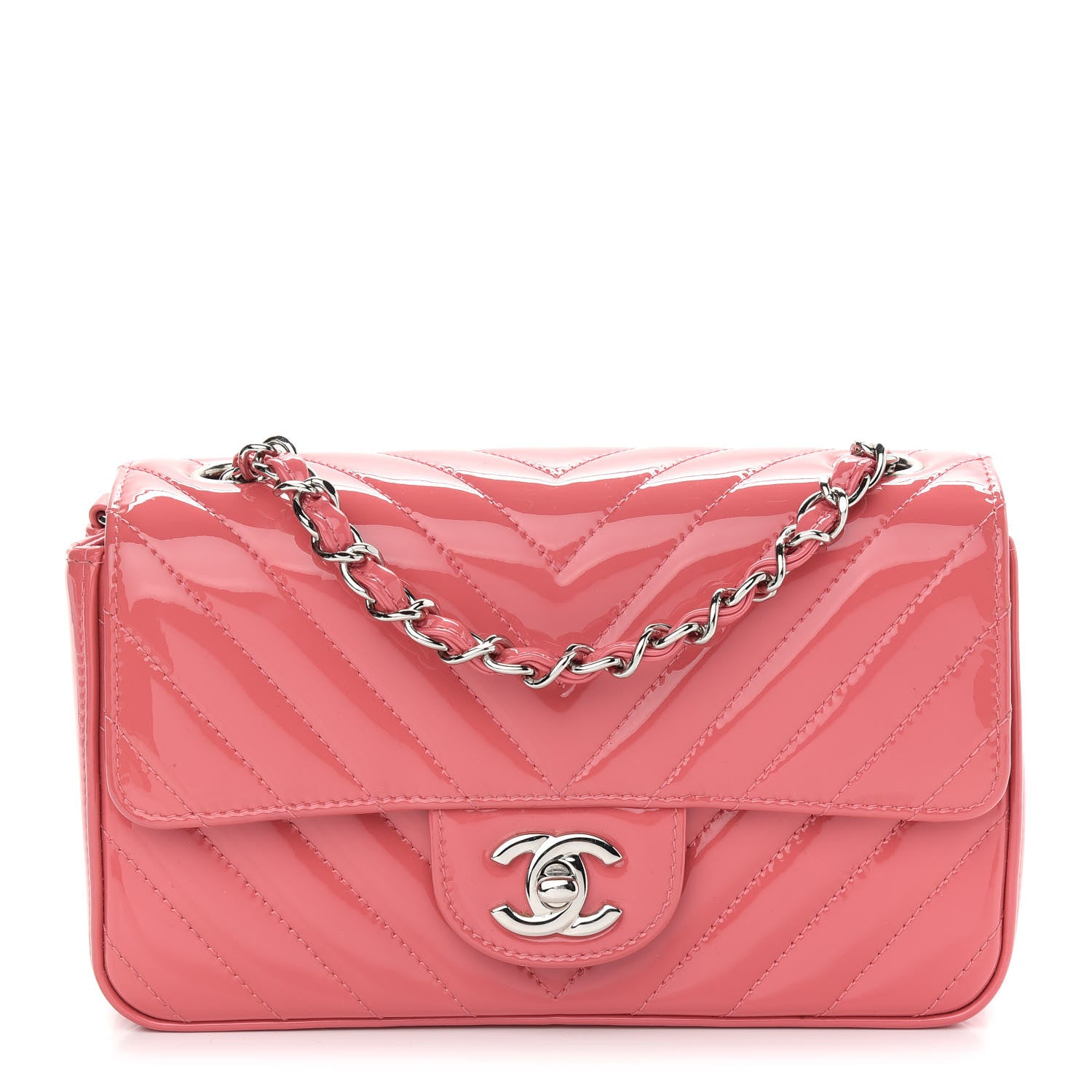 Chanel Patent Calfskin Chevron Quilted Mini Rectangular Flap Pink 1 of 9
