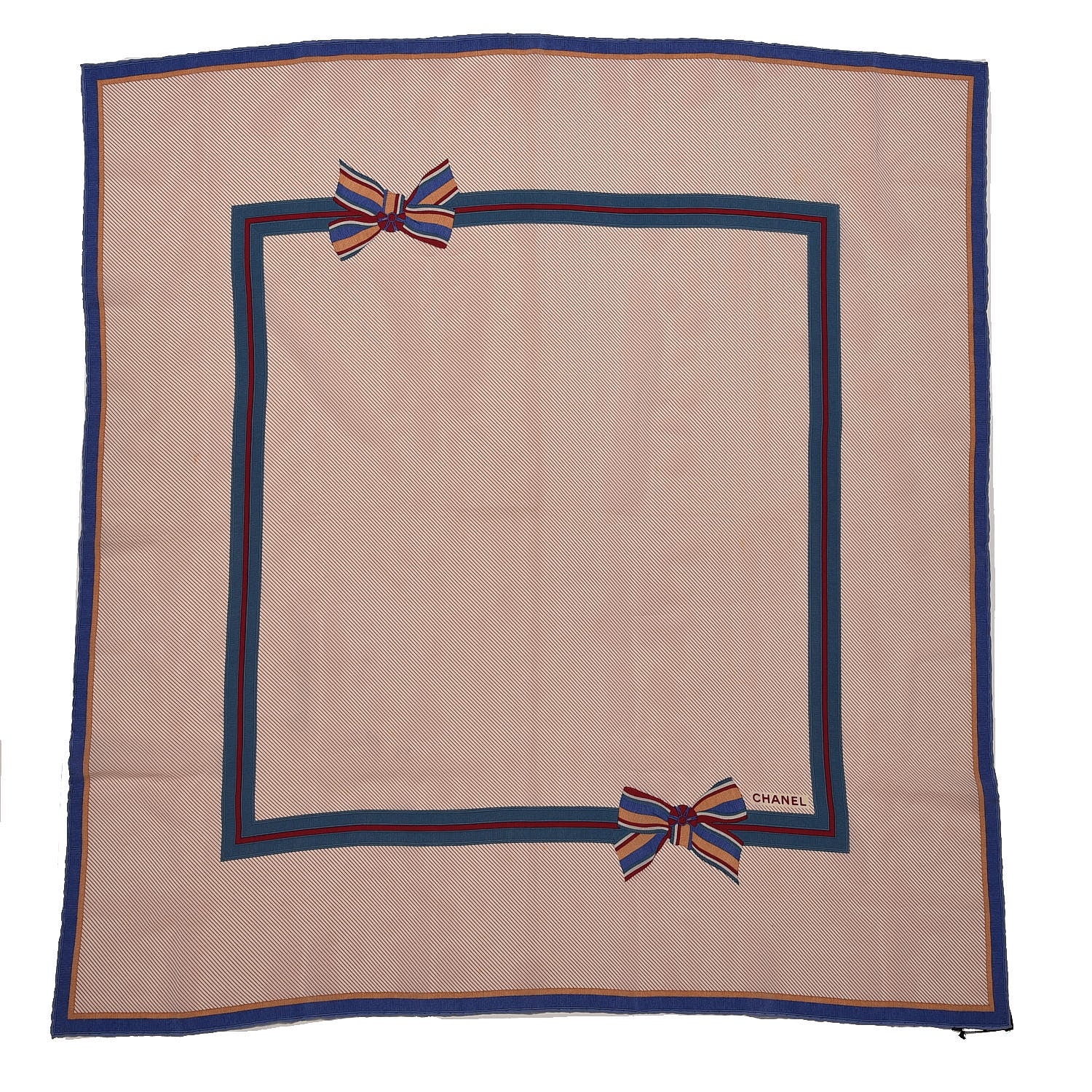 Chanel Silk Bow Stripe Print CC Square Scarf Beige 1 of 7
