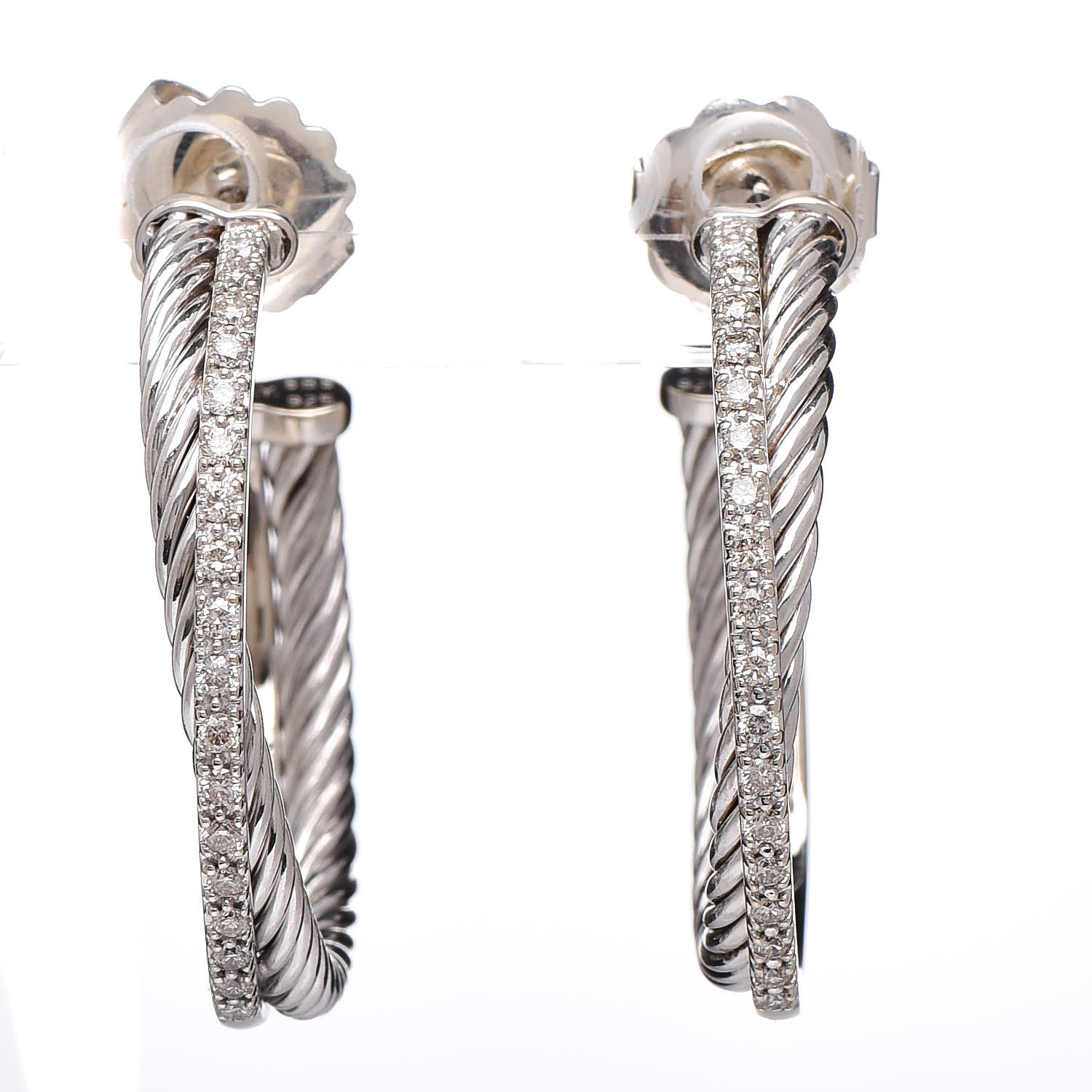 David Yurman Sterling Silver 14K White Gold Diamond Medium Crossover Hoop Earrings 1 of 5