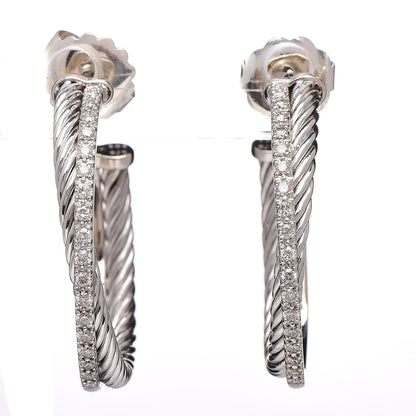 David Yurman Sterling Silver 14K White Gold Diamond Medium Crossover Hoop Earrings 1 of 5