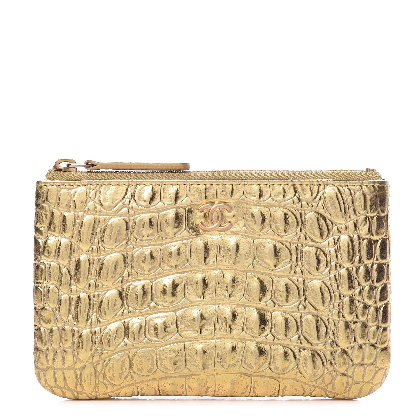 Metallic Calfskin Crocodile Embossed Cocodile Small Cosmetic Case Gold