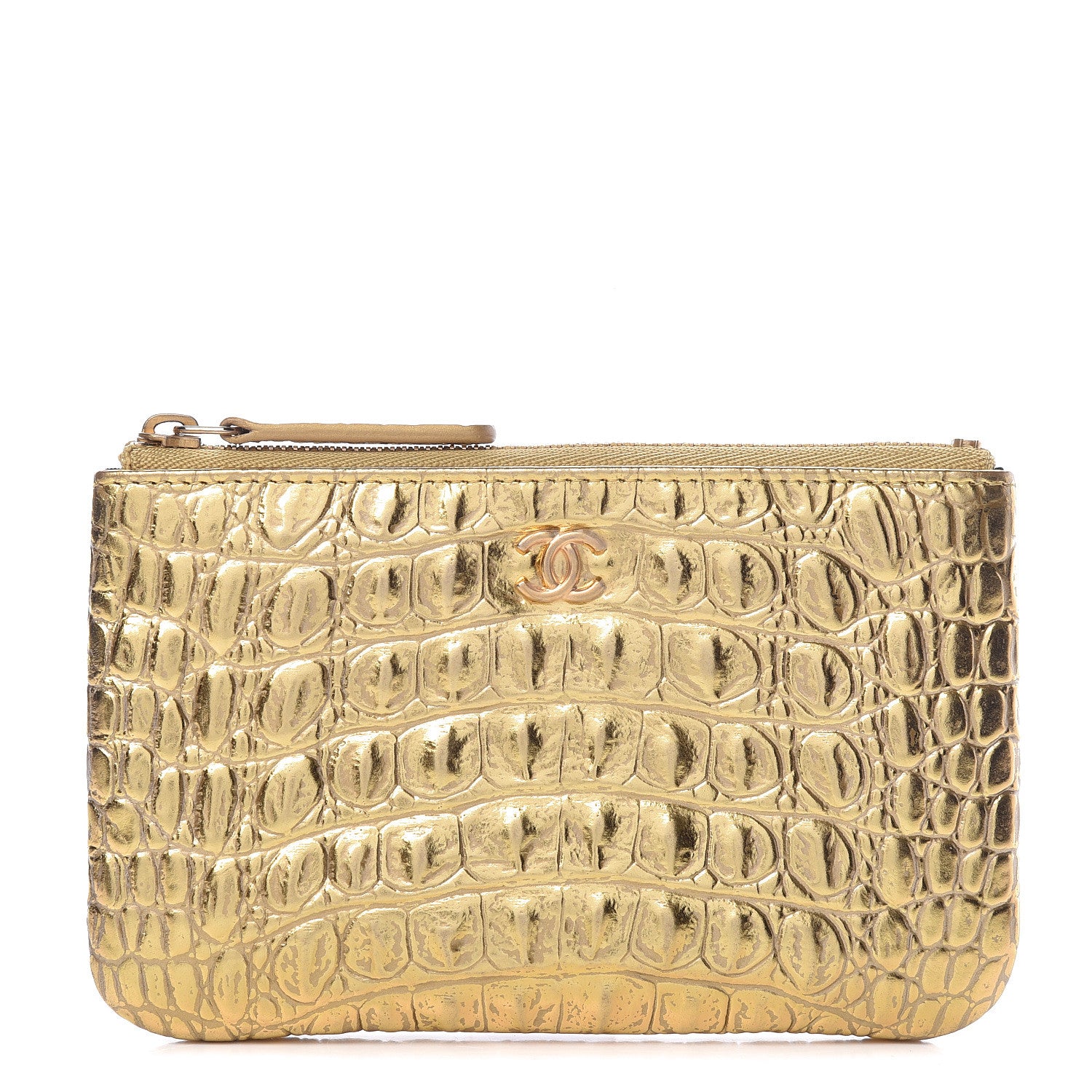 Chanel Metallic Calfskin Crocodile Embossed Cocodile Small Cosmetic Case Gold 1 of 8