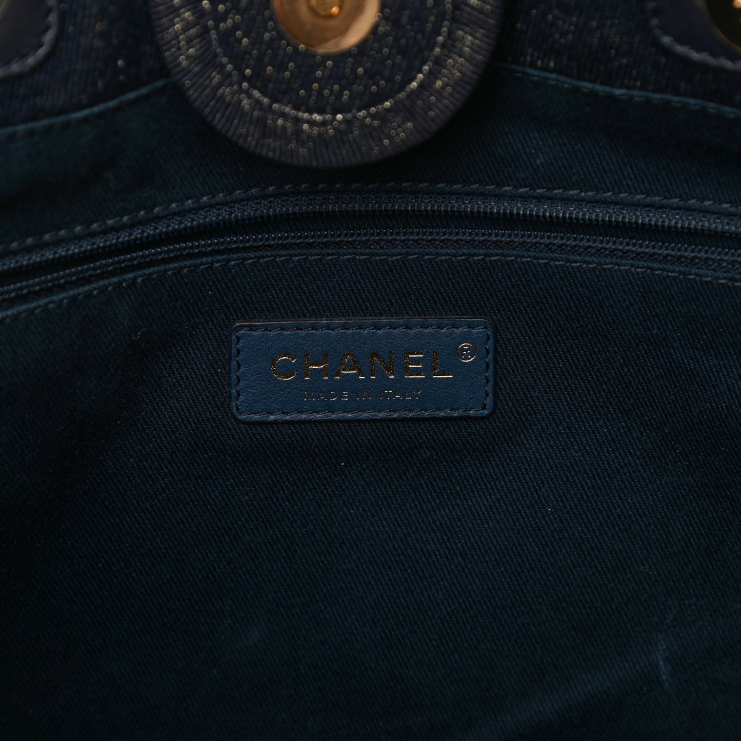 Lurex Canvas Small Deauville Tote Navy Blue Gold