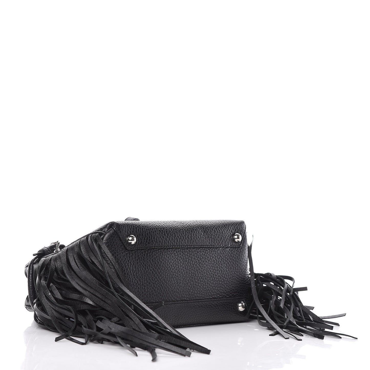 Grainy Calfskin Studded Fringe Baby Banner Tote Black