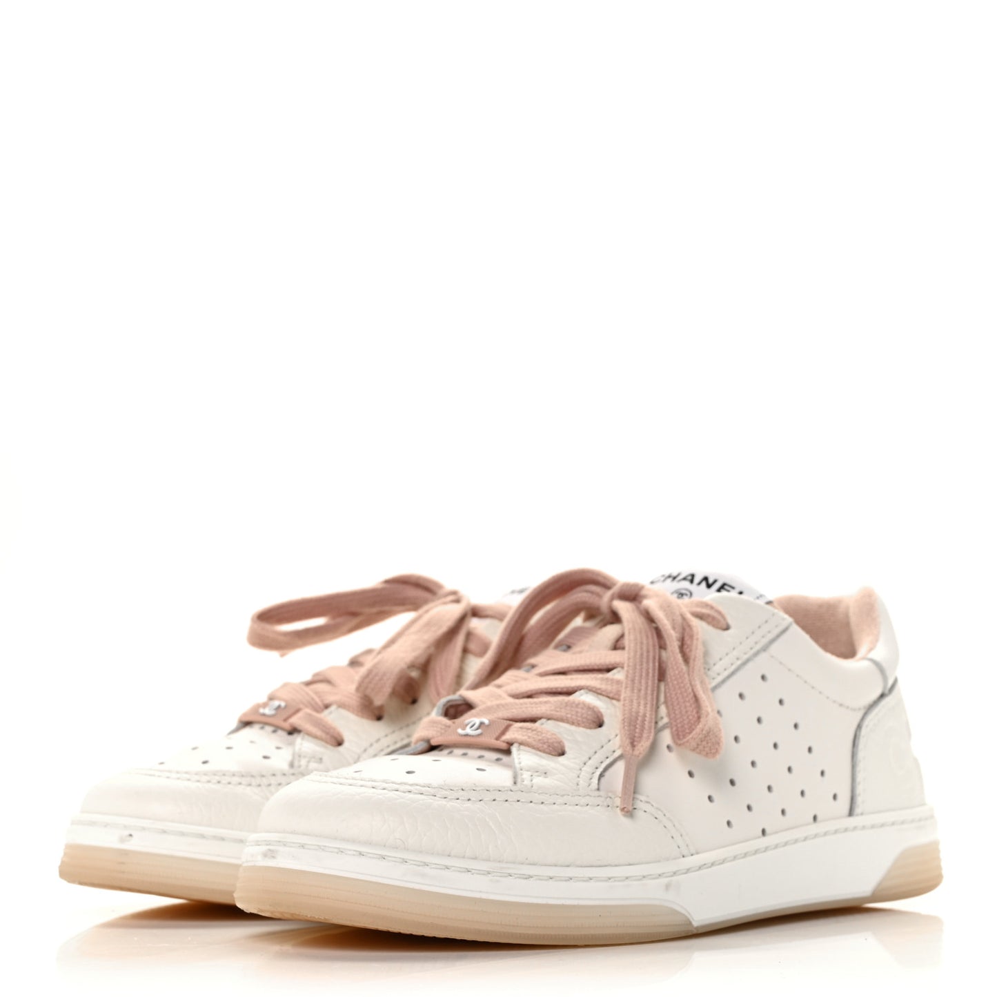 Grained Calfskin Fabric Womens Logo Sneakers 38 White Pink