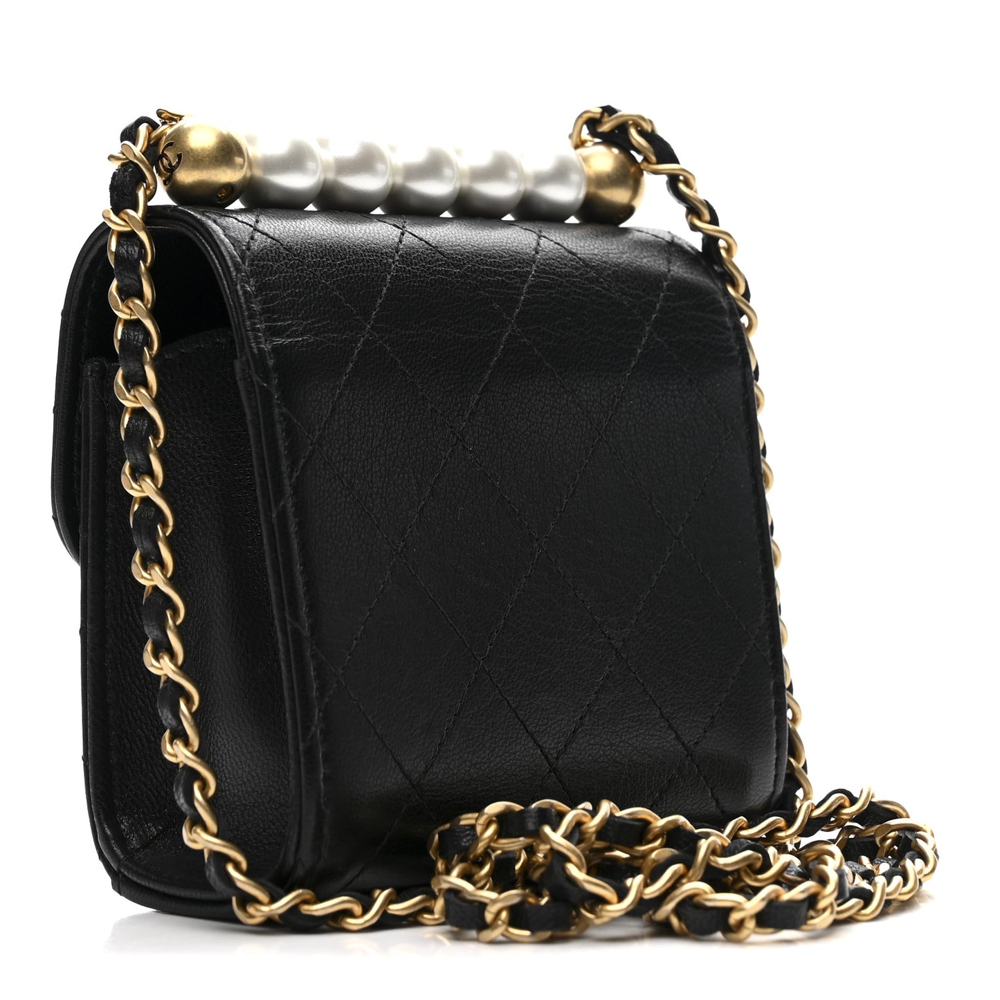 Goatskin Chic Pearls Clutch On Chain Black