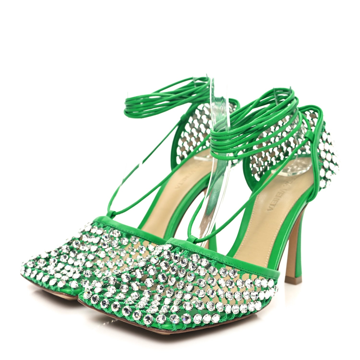 Bottega Veneta Mesh Nappa Crystal Embellished Sparkle Stretch Ankle Tie Sandals 38 Parakeet 3 of 7