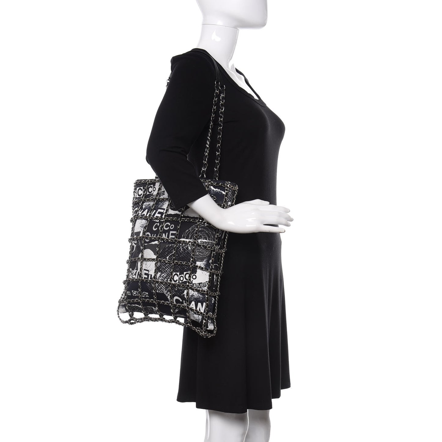 Canvas Large Shopping Chain Tote Black White
