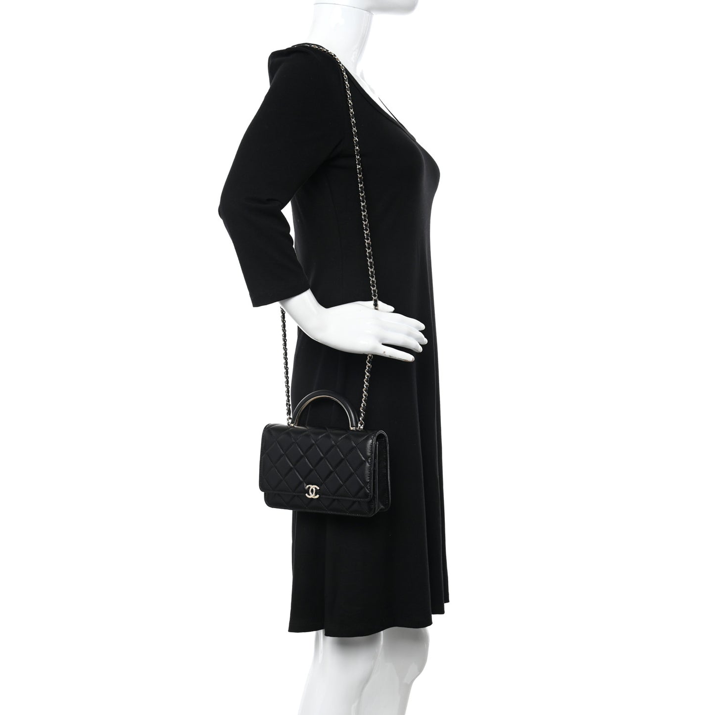 Lambskin Quilted Top Handle Wallet On Chain WOC Black