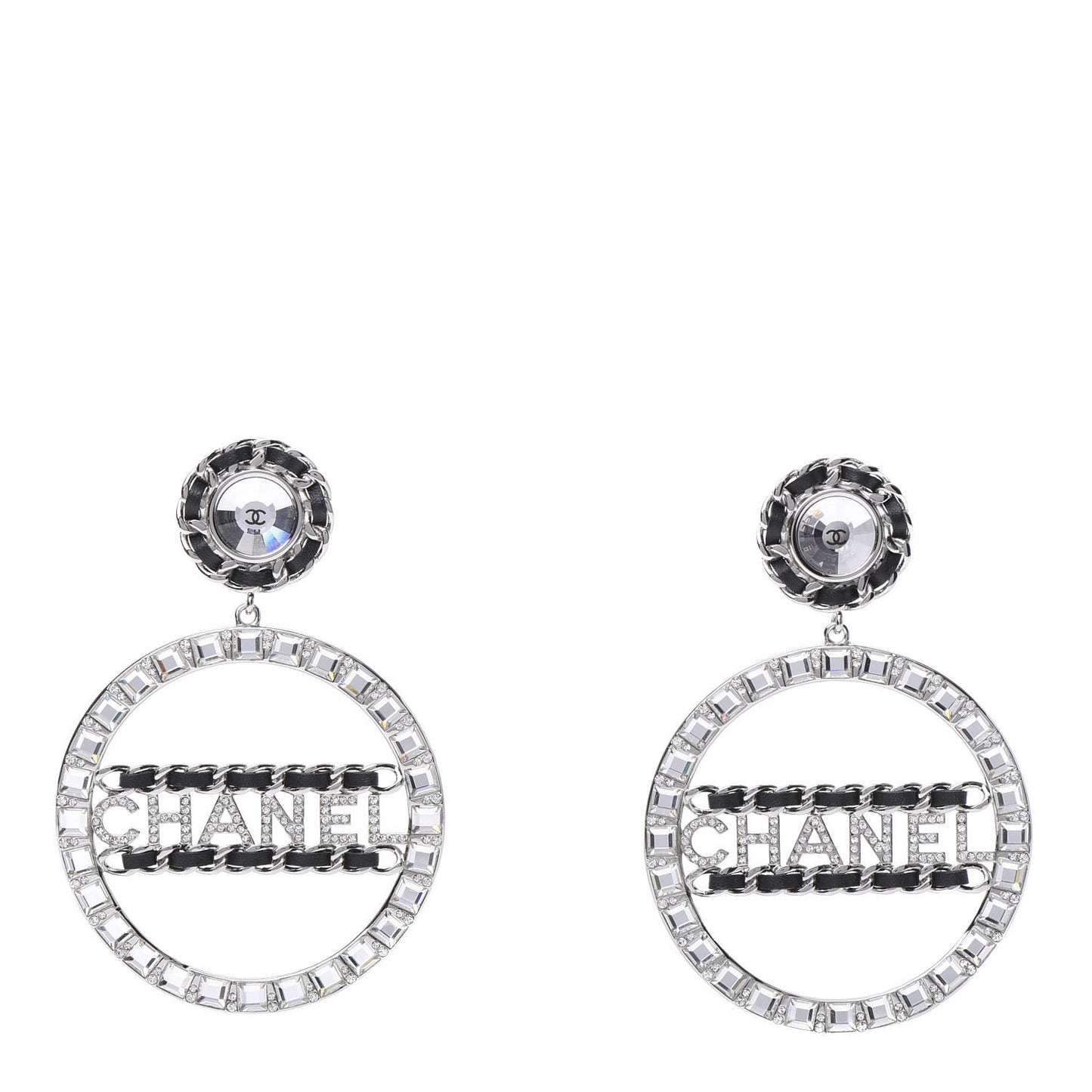 Crystal Lambskin Chain CC Hoop Clip On Earrings Black Silver