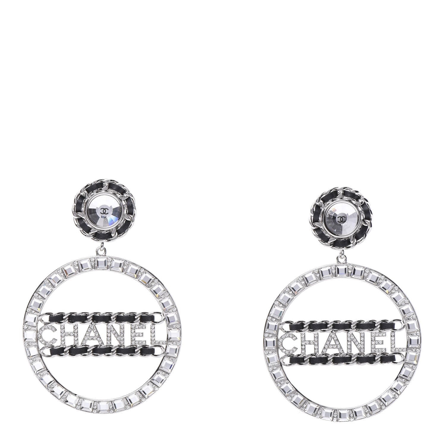 Chanel Crystal Lambskin Chain CC Hoop Clip On Earrings Black Silver 1 of 5
