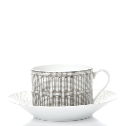 Hermes Porcelain Mosaique Au 24 Breakfast Cup And Saucer Set Of 2 Platine 3 of 27
