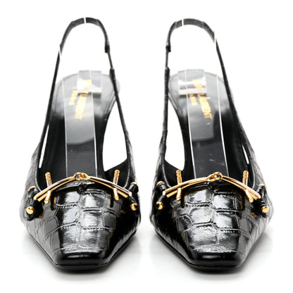 Saint Laurent Calfskin Crocodile Embossed Slingback Tom 90 Pumps 37 Black 2 of 13