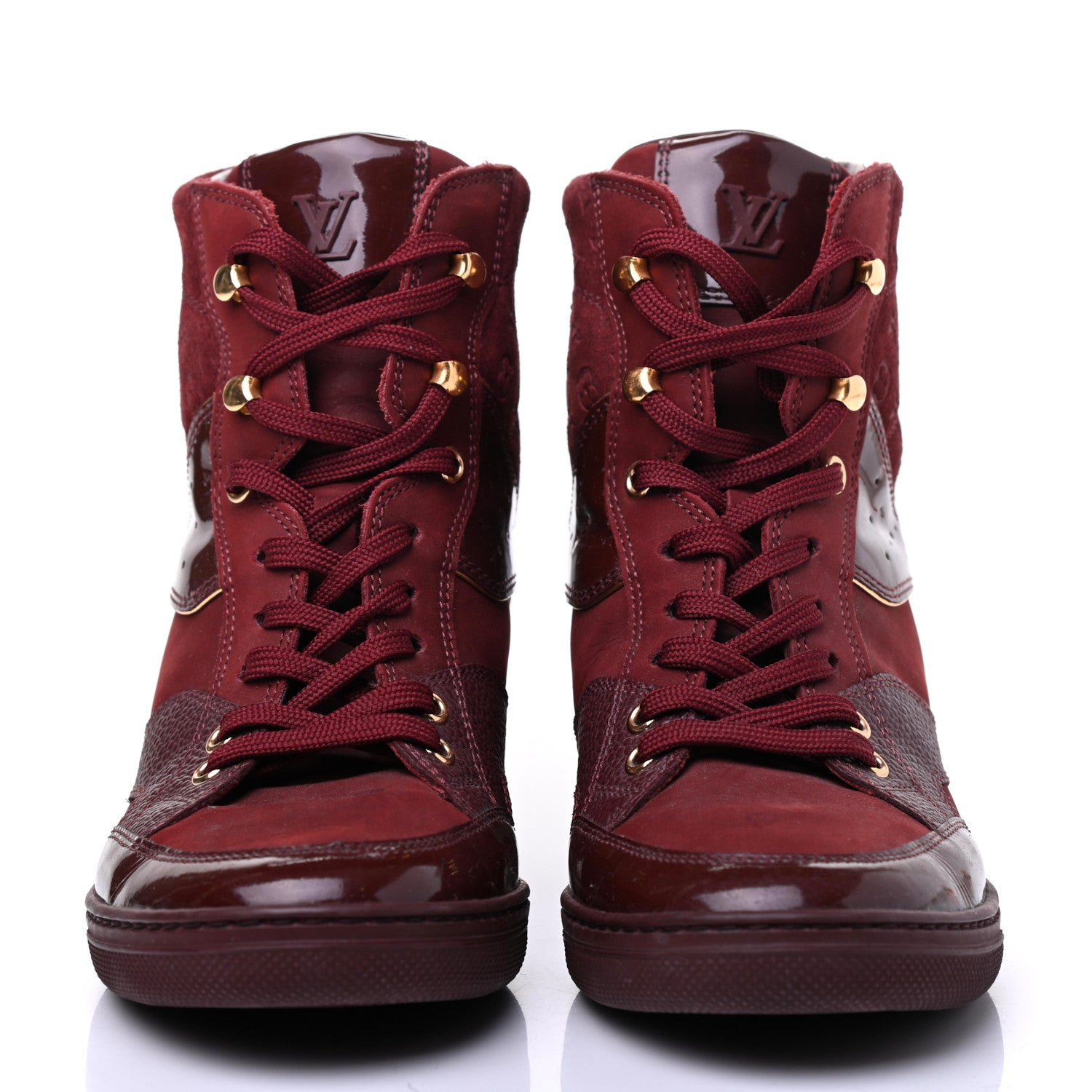 Louis Vuitton Calfskin Patent Suede Monogram Cliff Top Wedge Sneakers 36.5 Burgundy 2 of 11