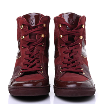 Louis Vuitton Calfskin Patent Suede Monogram Cliff Top Wedge Sneakers 36.5 Burgundy 2 of 11
