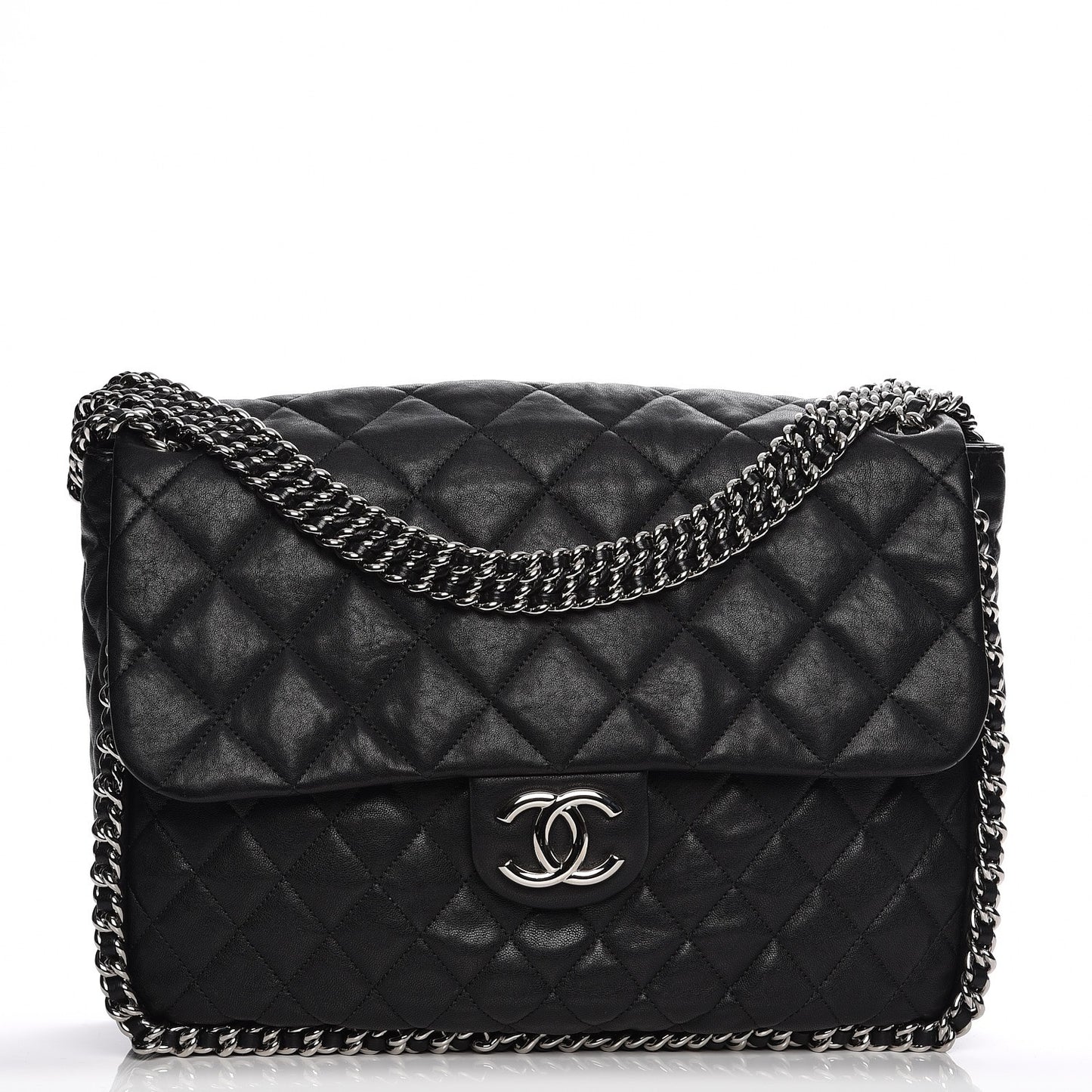 Washed Lambskin Quilted Maxi Chain Around Flap Black
