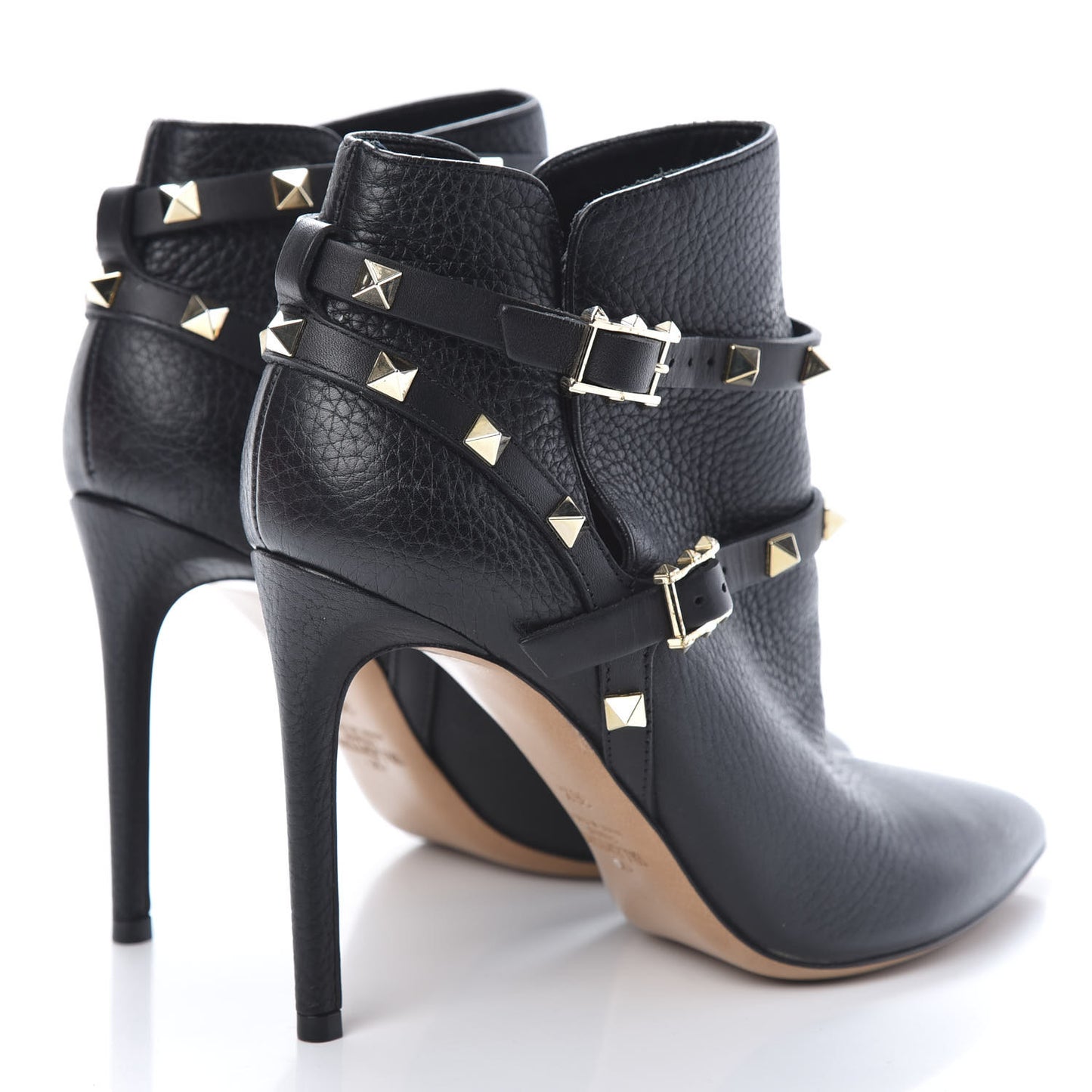 Pebbled Calfskin Rockstud Double Buckle 100mm Ankle Boots 36.5 Black