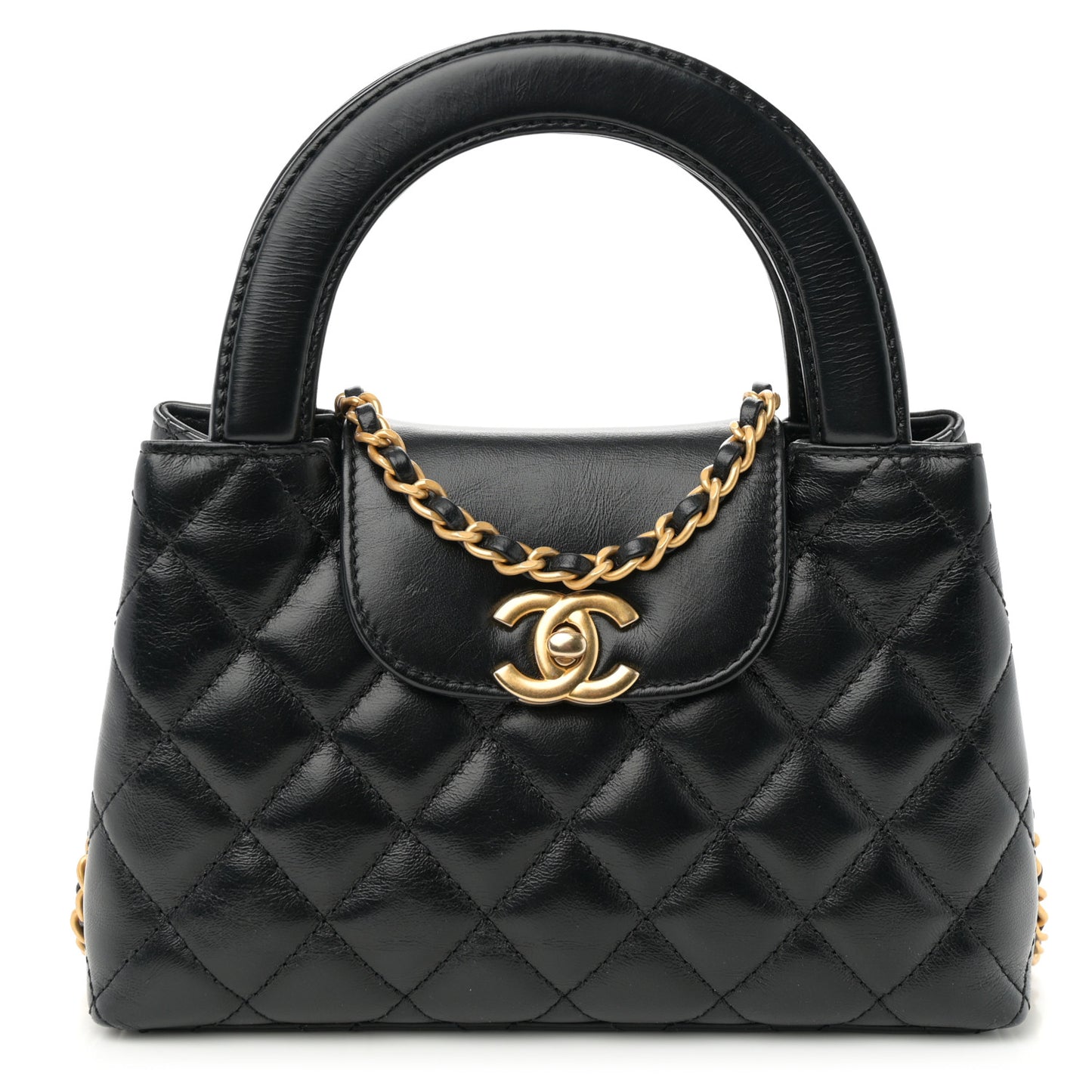 Shiny Aged Calfskin Quilted Nano Kelly Shopper Black Pink