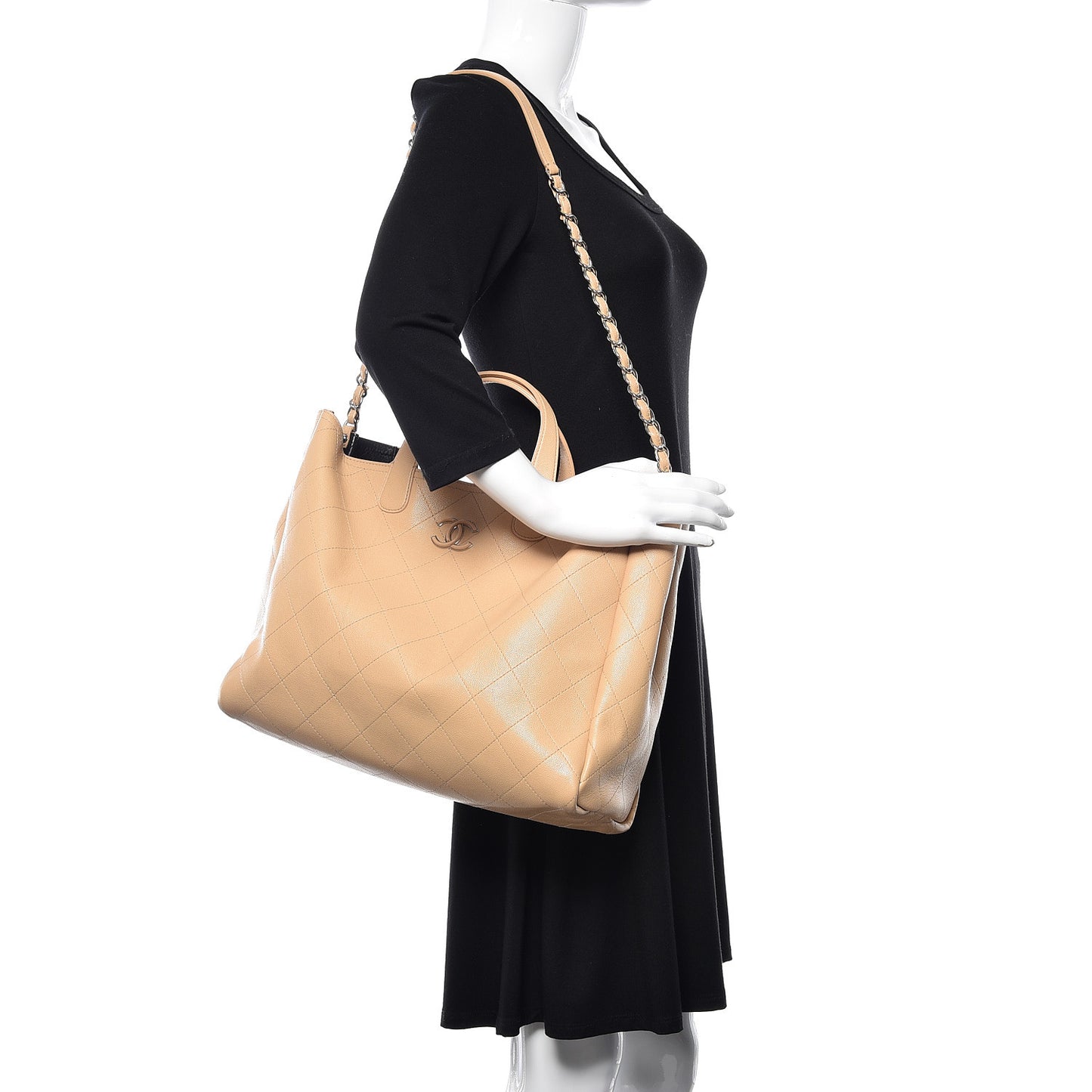 Caviar Stitched Large Shopping Tote Beige