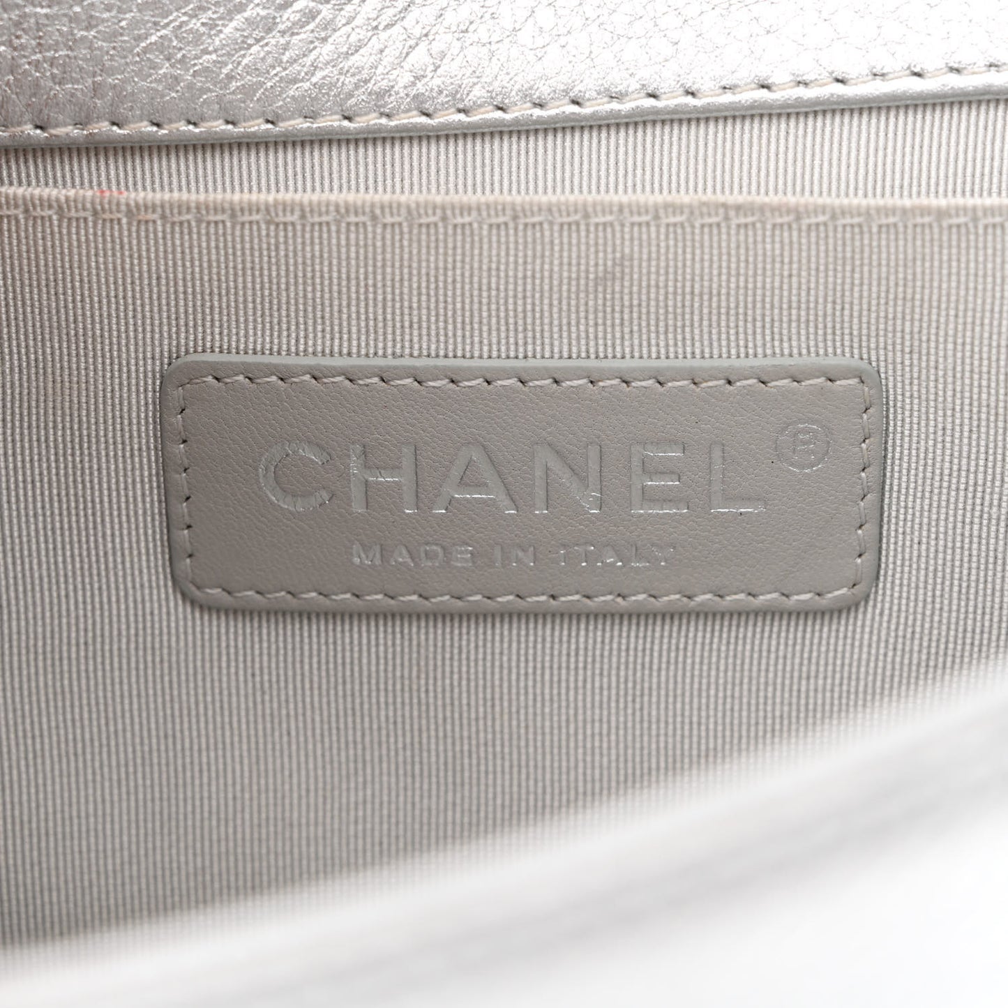 Metallic Calfskin Camellia Quilted Small Boy Flap Silver