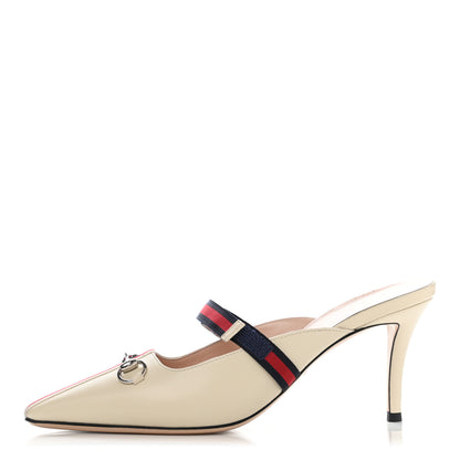 Gucci Malaga Kid Sylvie Web Cross Strap Mid-Heel Slides 39.5 Vintage White 1 of 10