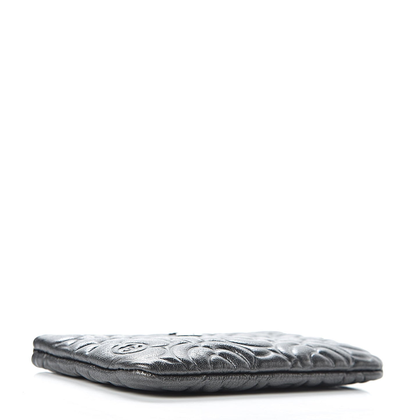 Goatskin Camellia Embossed Cosmetic Pouch Anthracite