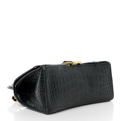 Balenciaga Shiny Calfskin Crocodile Embossed Small Hourglass Top Handle Bag Black 4 of 16