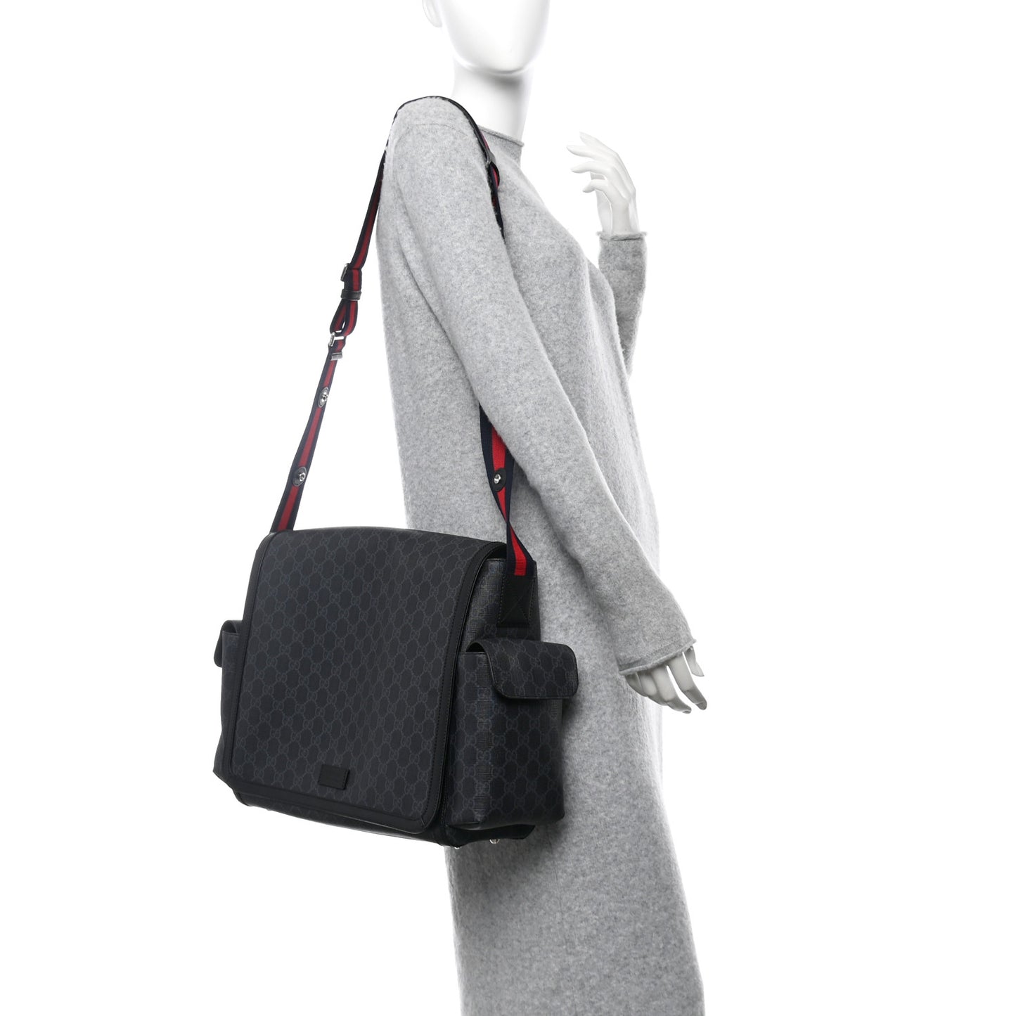 GG Supreme Monogram Web Messenger Diaper Bag Black Grey