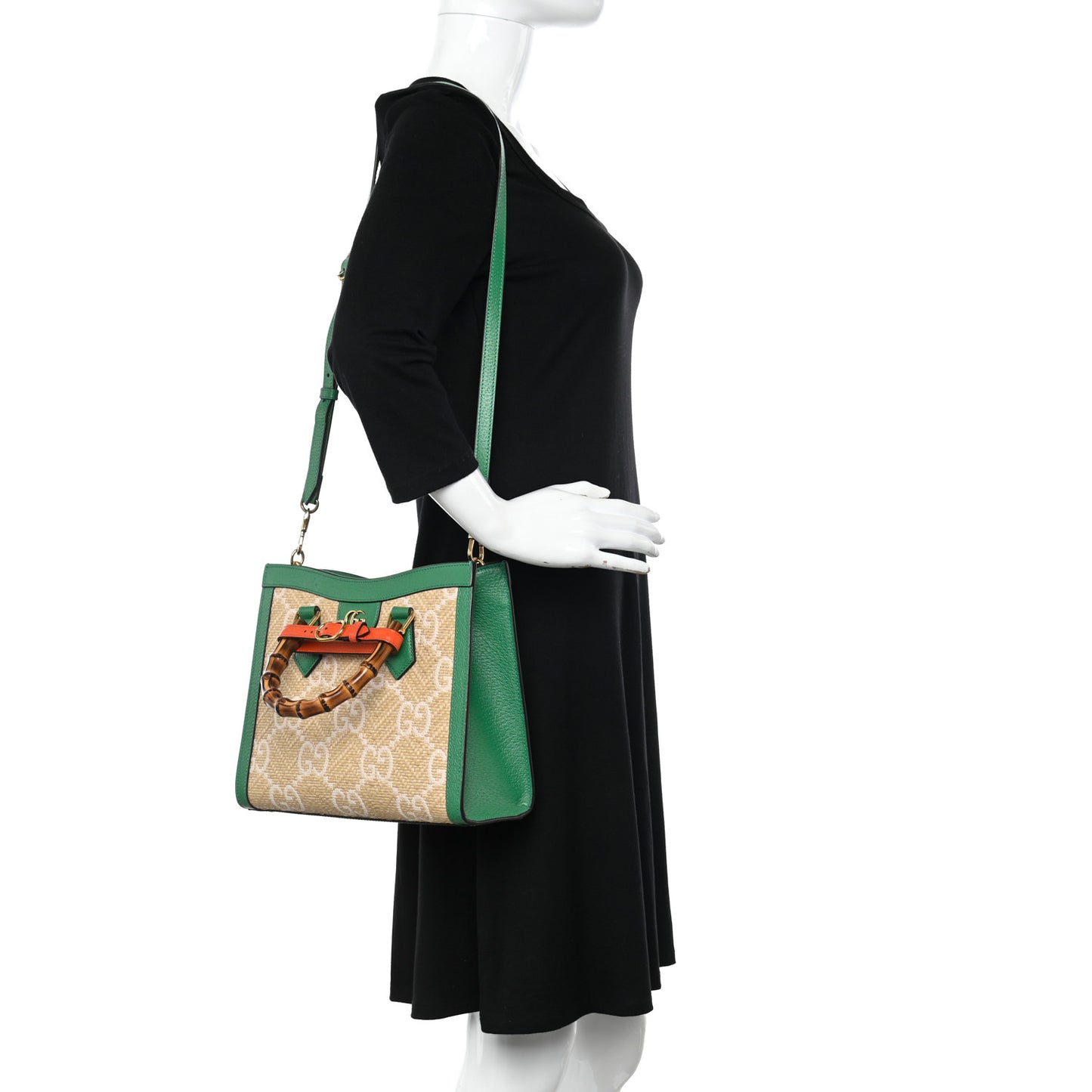Raffia Textured Dollar Calfskin Web GG Monogram Small Diana Tote Bag Natural White New Shamarock Deep Orange