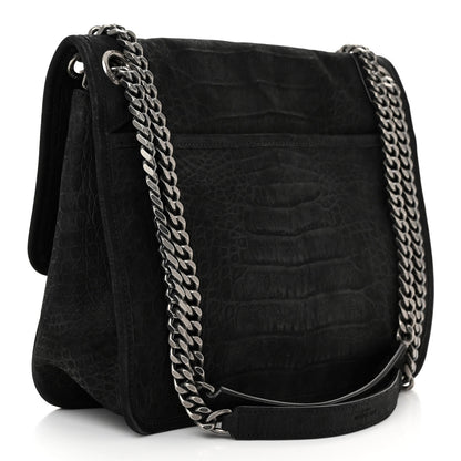 Saint Laurent Nubuck Crocodile Embossed Monogram Medium Niki Chain Satchel Black 3 of 10