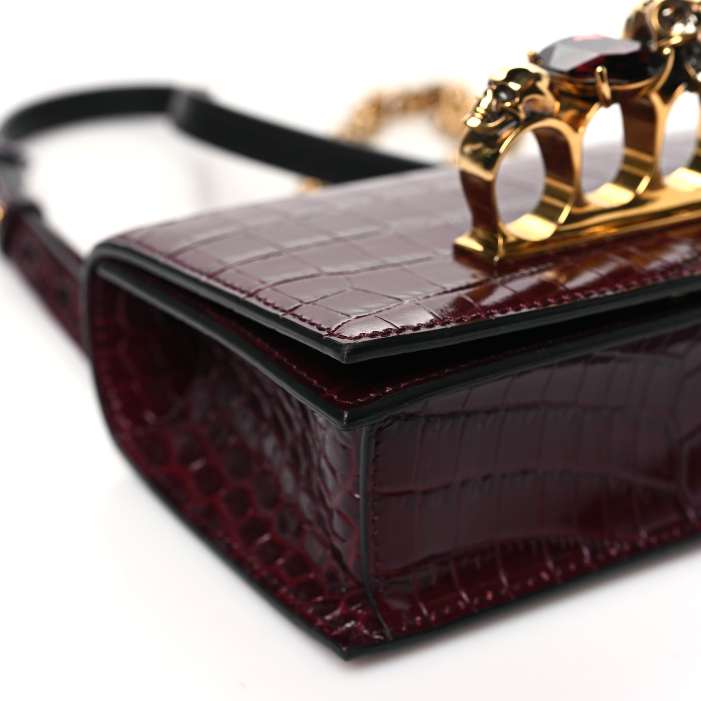 Shiny Crocodile Embossed Jeweled Satchel Madder