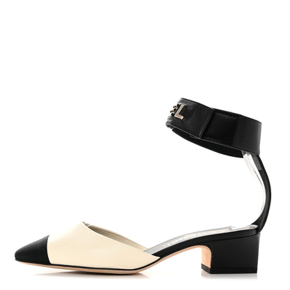 Chanel Lambskin Grosgrain Cap Toe Logo Ankle Strap Pumps 36.5 White Black 1 of 9