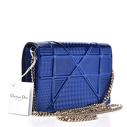 Christian Dior Metallic Patent Micro-Cannage Diorama Wallet on Chain Pouch Mirror Blue 2 of 7