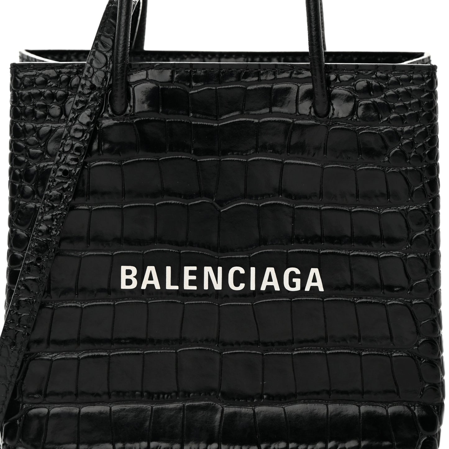 Shiny Calfskin Logo Crocodile Embossed North South Shopper Tote XXS Black White