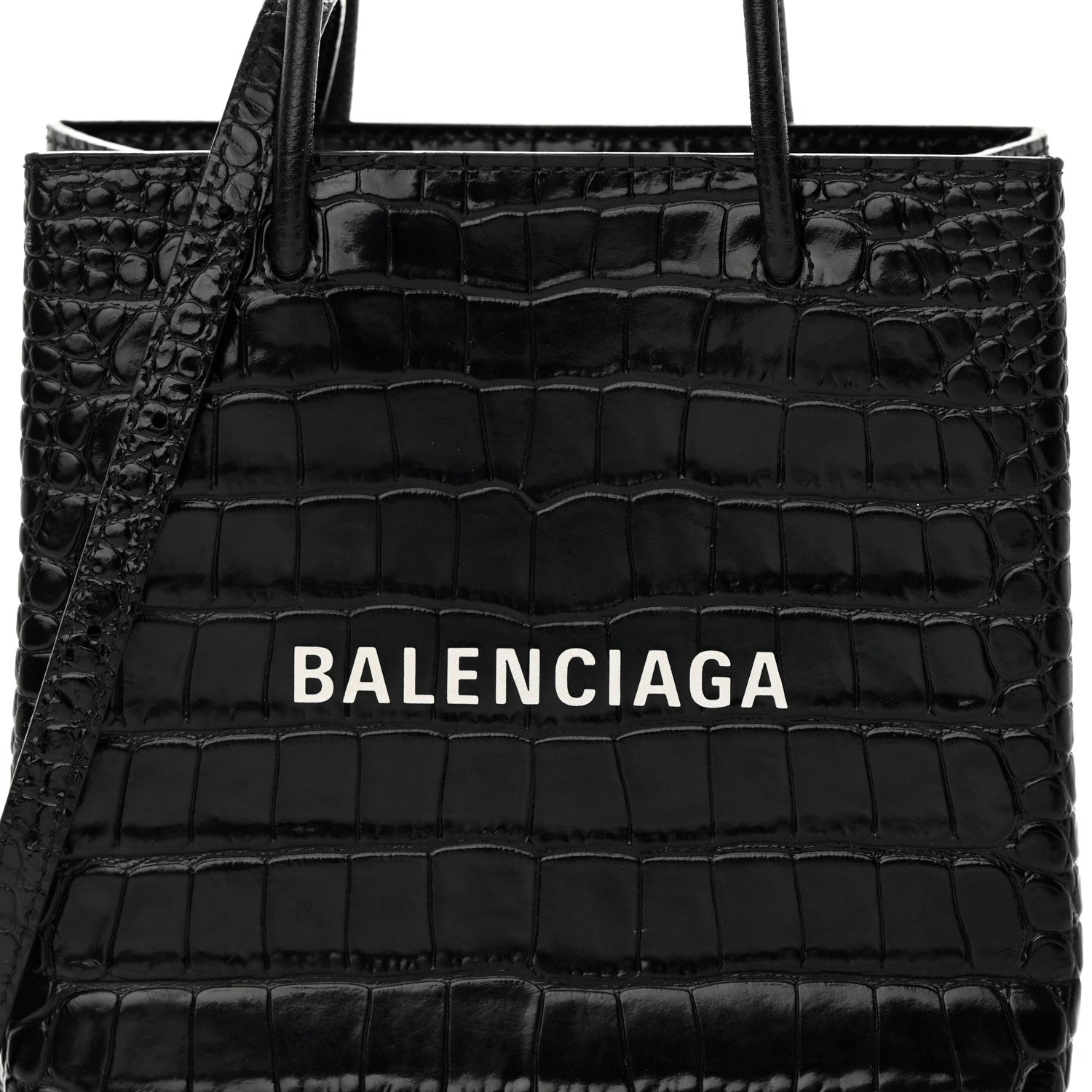 Balenciaga Shiny Calfskin Logo Crocodile Embossed North South Shopper Tote XXS Black White 8 of 15