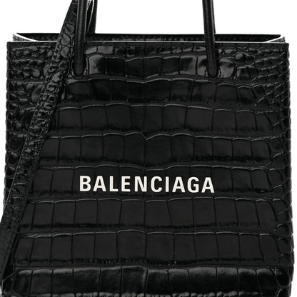 Balenciaga Shiny Calfskin Logo Crocodile Embossed North South Shopper Tote XXS Black White 8 of 15